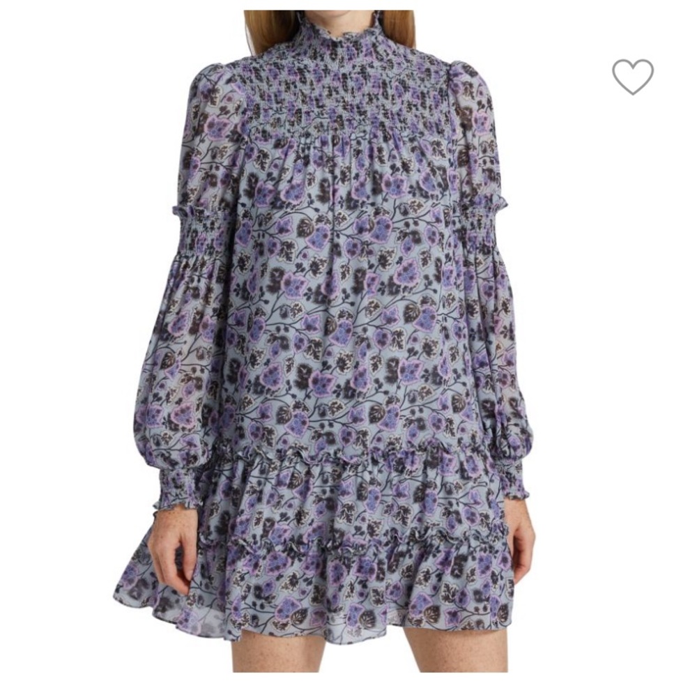 CINQ A SEPT Stephanie Floral Smocked Mini Dress Ruffled Tired Long Sleev…